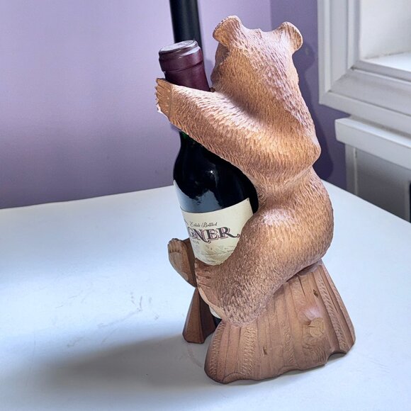 Vintage Wooden Bear Statue Hand Carved Standing Sculpture 11" tall Bottle Holder - Picture 3 of 7